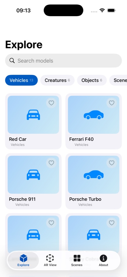 SceneView iOS demo - explore tab with 3D models
