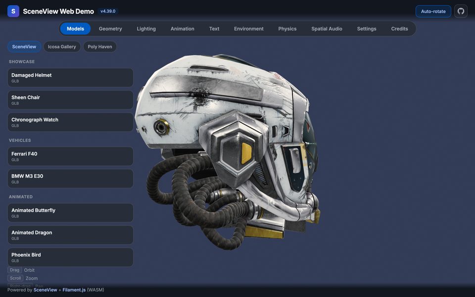 SceneView web demo: Damaged Helmet rendered by Filament.js in a browser