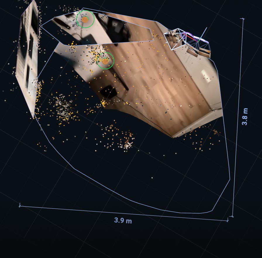 The scanned floor seen from above in the demo's Map view, with its outline drawn around it and two dimension lines reading 3.9 m and 3.8 m.