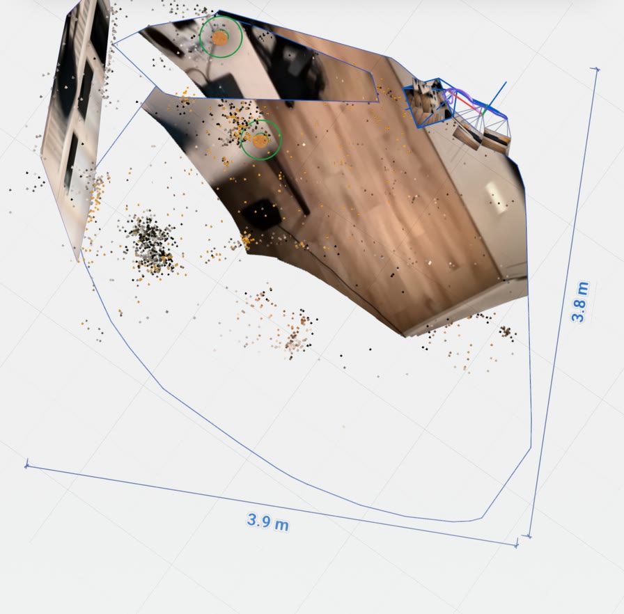 The scanned floor seen from above in the demo's Map view, with its outline drawn around it and two dimension lines reading 3.9 m and 3.8 m.