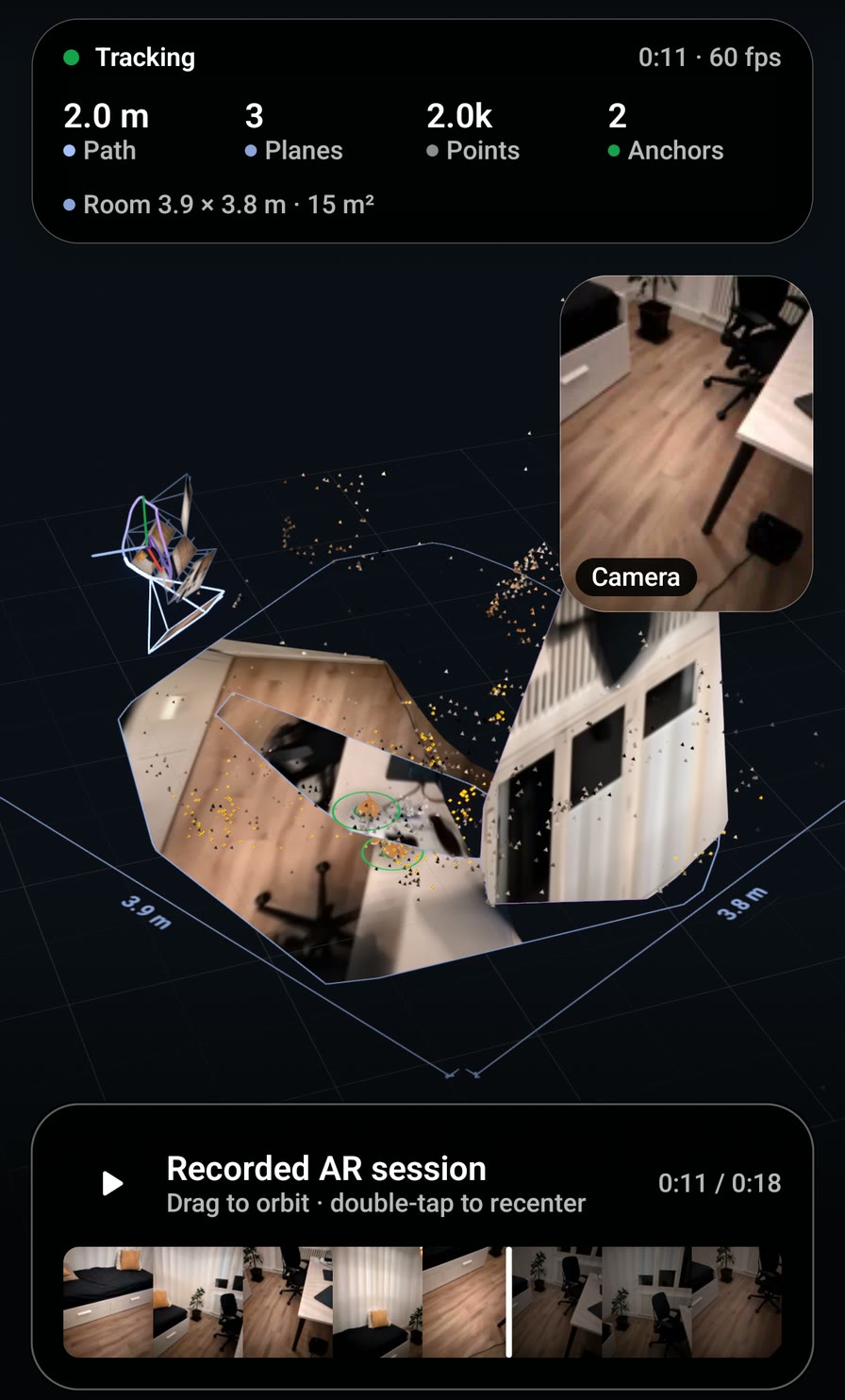 The SceneView Android demo replaying a scanned room: the floor rebuilt in 3D with the walked path, the camera picture in a corner, and a timeline of the recording underneath.