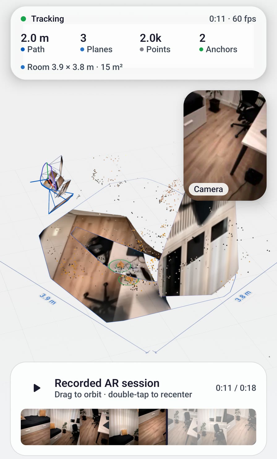 The SceneView Android demo replaying a scanned room: the floor rebuilt in 3D with the walked path, the camera picture in a corner, and a timeline of the recording underneath.